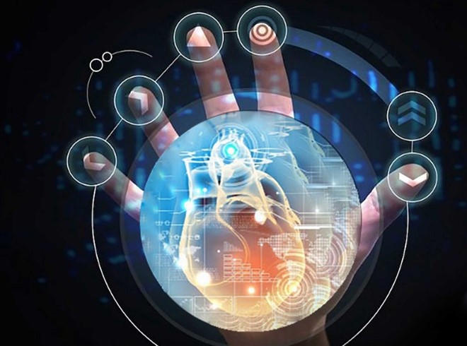 Palm spread open with computer intelligence in the middle. Fingers show small icons for navigation and select.