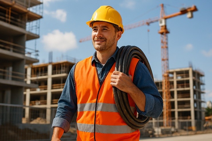 A person wearing a hard hat and vest carrying a cable

AI-generated content may be incorrect.